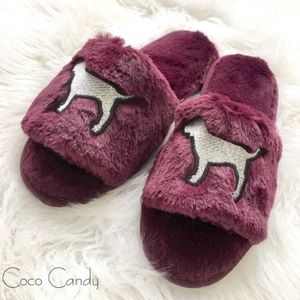PINK Victoria's secret VS Burgundy Fur Cozy Slippers NWT Large 10